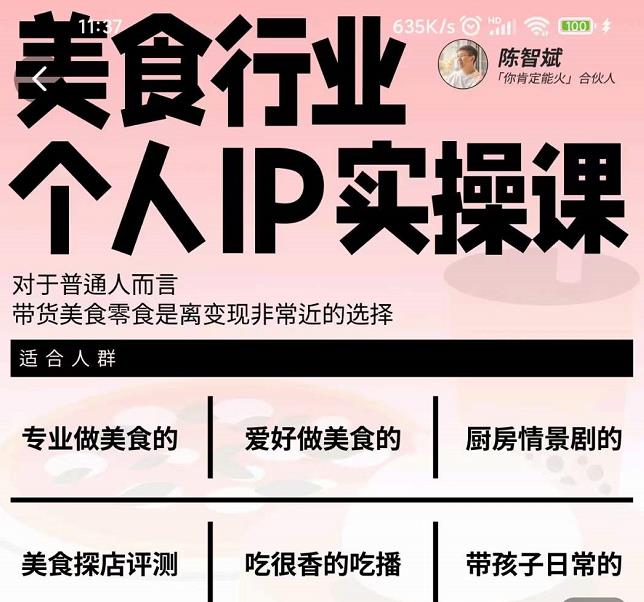 美食行业个人IP实操课，对于普通人而言，带货美食零食是离变现非常近的选择网创库-网创项目资源站-副业项目-创业项目-搞钱项目网创库