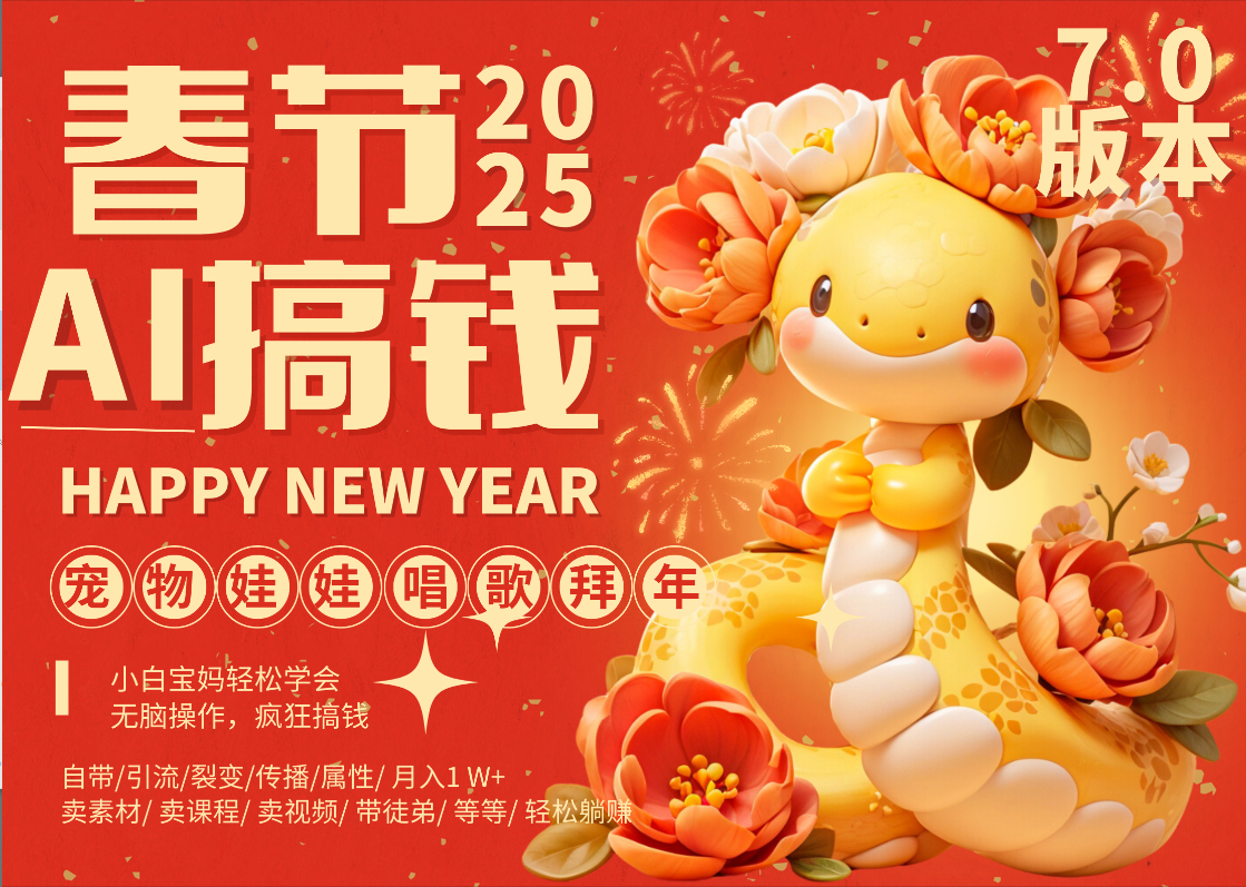AI春节搞钱7.0升级版 蝴蝶号超火爆萌宠唱歌拜年  AI一键制作 批量出内容   春节做轻松躺赚 每日轻松十分钟  月赚米1W+  抓紧冲！可做视频 可卖素材只带小白和宝妈！网创库-网创项目资源站-副业项目-创业项目-搞钱项目网创库
