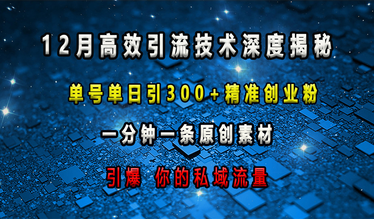 12月高效引流技术深度揭秘 ，单号单日引300+精准创业粉，一分钟一条原创素材，引爆你的私域流量网创库-网创项目资源站-副业项目-创业项目-搞钱项目网创库