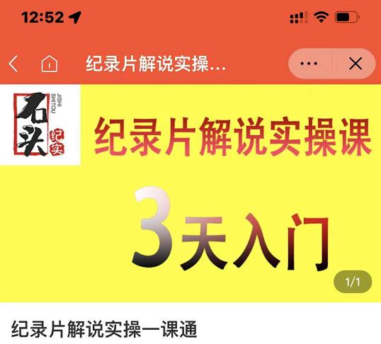石头纪实·纪录片解说实操课，3天入门，快速掌握纪录片解说视频制作网创库-网创项目资源站-副业项目-创业项目-搞钱项目网创库