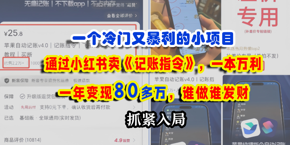 一个冷门又暴利的小项目，通过小红书卖《记账指令》，一本万利，一年变现80多万，谁做谁发财网创库-网创项目资源站-副业项目-创业项目-搞钱项目网创库