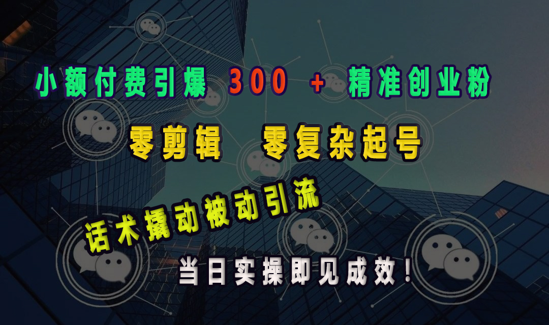 小额付费引爆 300 + 精准创业粉，零剪辑、零复杂起号，话术撬动被动引流，当日实操即见成效！网创库-网创项目资源站-副业项目-创业项目-搞钱项目网创库