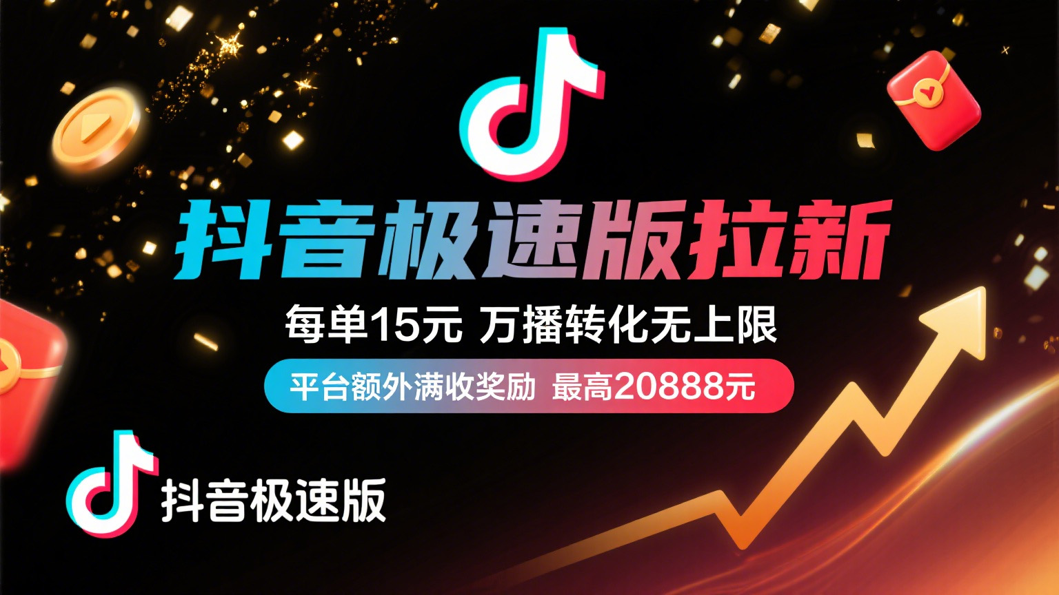 抖音极速版放福利，每单15元，万播转化无上限，平台额外满收奖励，最高可领20888元网创库-网创项目资源站-副业项目-创业项目-搞钱项目网创库