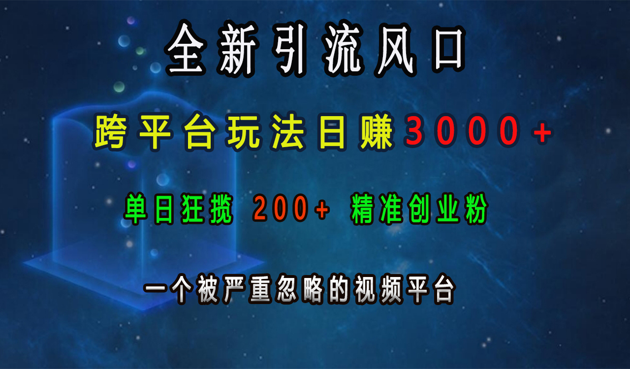 全新引流风口，跨平台玩法日赚3000+，单日狂揽200+精准创业粉，一个被严重忽略的视频平台网创库-网创项目资源站-副业项目-创业项目-搞钱项目网创库