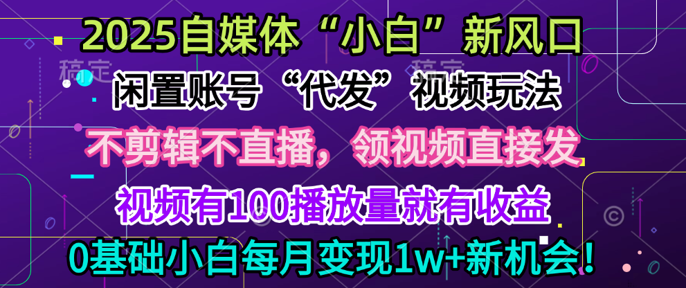 2025每月躺赚5w+新机会，闲置视频账号一键代发玩法，0粉不实名不剪辑，领了视频直接发，0基础小白也能日入300+网创库-网创项目资源站-副业项目-创业项目-搞钱项目网创库
