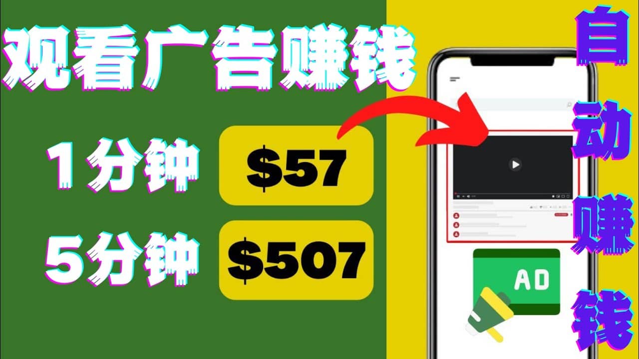 观看视频广告，只需要点击广告，每5分钟赚57美元网创库-网创项目资源站-副业项目-创业项目-搞钱项目网创库