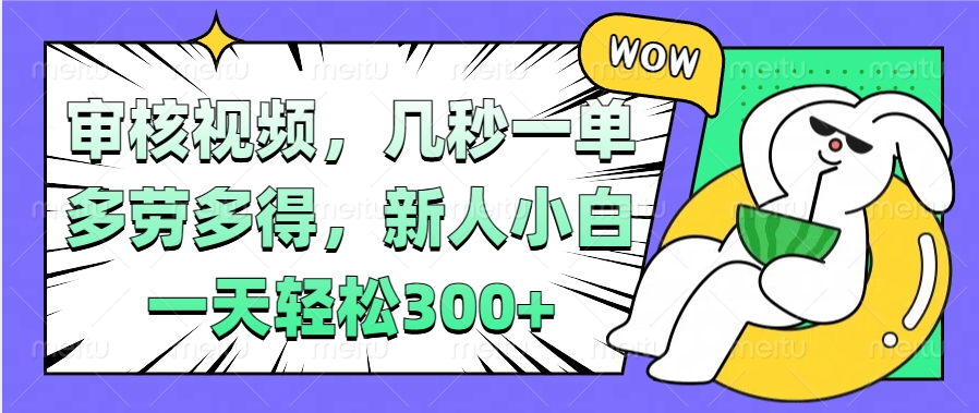 视频审核项目，几秒一单，多劳多得，新人小白一天轻松300+网创库-网创项目资源站-副业项目-创业项目-搞钱项目网创库