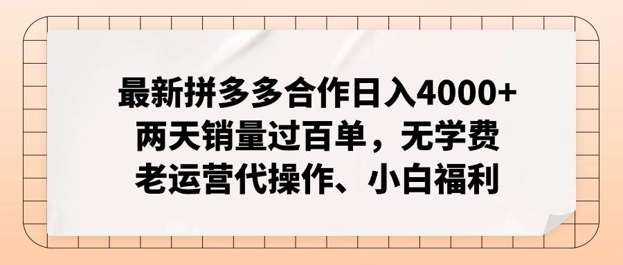 最新拼多多合作日入4000+两天销量过百单，无学费、老运营代操作、小白福利网创库-网创项目资源站-副业项目-创业项目-搞钱项目网创库