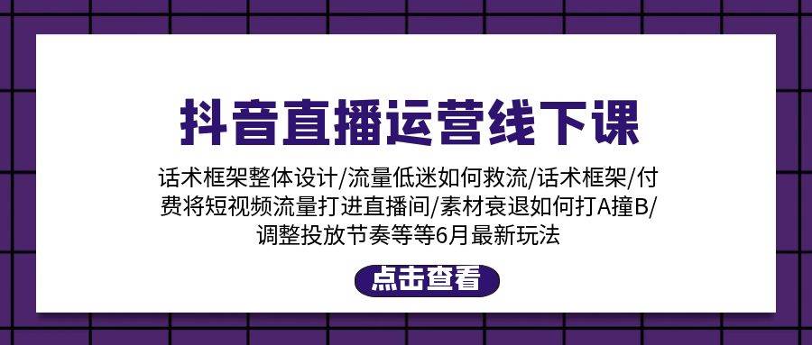 抖音直播运营线下课：话术框架/付费流量直播间/素材A撞B/等6月新玩法网创库-网创项目资源站-副业项目-创业项目-搞钱项目网创库