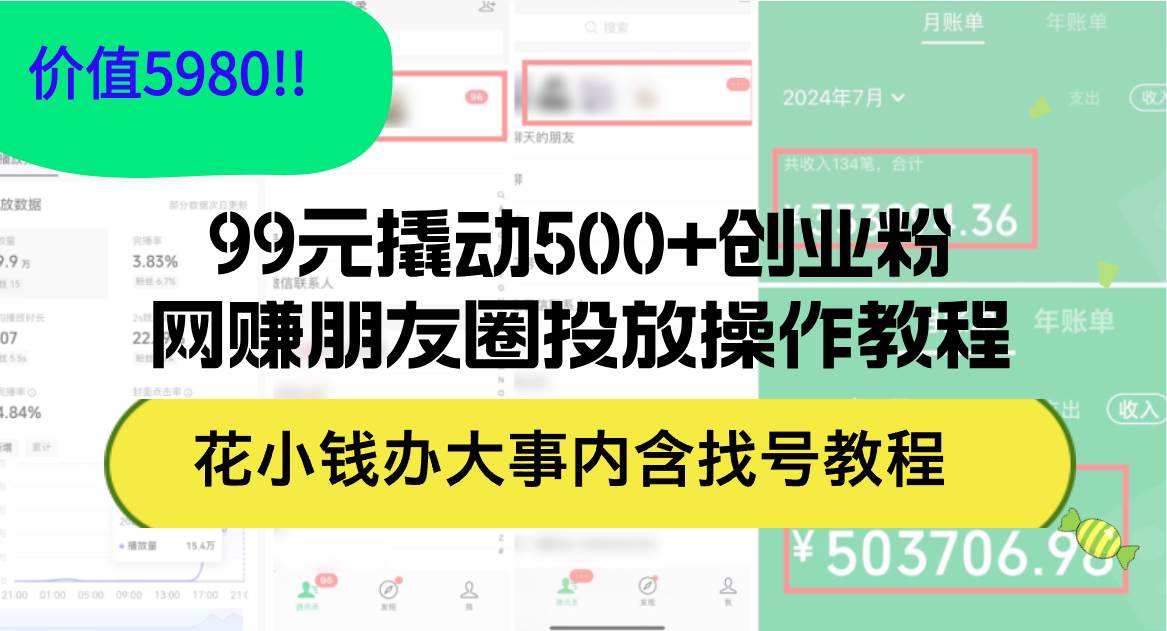 99元撬动500+创业粉，网赚朋友圈投放操作教程价值5980！花小钱办大事内…网创库-网创项目资源站-副业项目-创业项目-搞钱项目网创库
