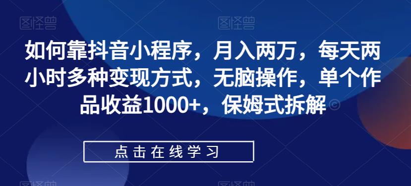如何靠抖音小程序，月入两万，每天两小时多种变现方式，无脑操作，单个作品收益1000+，保姆式拆解网创库-网创项目资源站-副业项目-创业项目-搞钱项目网创库