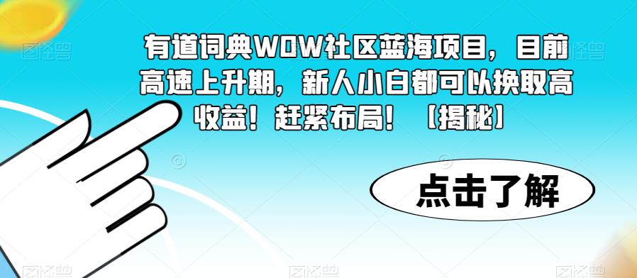 有道词典WOW社区蓝海项目，目前高速上升期，新人小白都可以换取高收益！赶紧布局！【揭秘】网创库-网创项目资源站-副业项目-创业项目-搞钱项目网创库