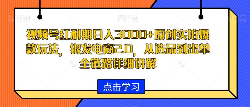 视频号红利期日入3000+原创实拍爆款玩法，银发电商2.0，从选品到出单全链路详细讲解【揭秘】网创库-网创项目资源站-副业项目-创业项目-搞钱项目网创库