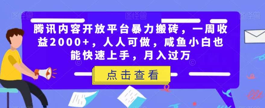 腾讯内容开放平台暴力搬砖，一周收益2000+，人人可做，咸鱼小白也能快速上手，月入过万网创库-网创项目资源站-副业项目-创业项目-搞钱项目网创库