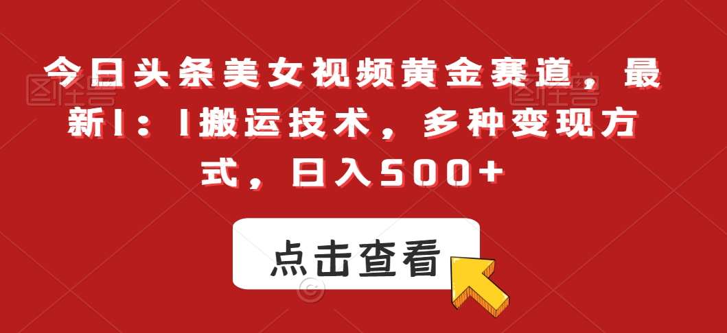 今日头条美女视频黄金赛道，最新1：1搬运技术，多种变现方式，日入500+【揭秘】网创库-网创项目资源站-副业项目-创业项目-搞钱项目网创库