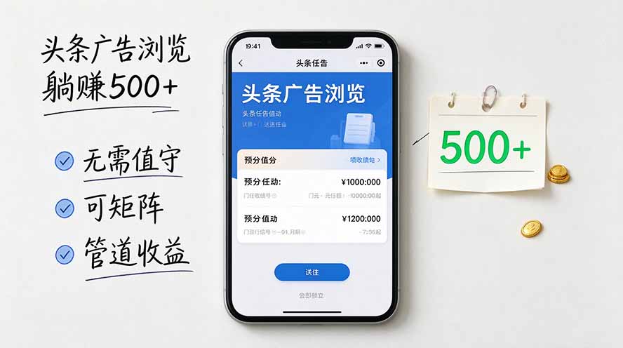 （20835期）头条广告浏览躺赚500+无需值守，可矩阵并附有管道收益网创库-网创项目资源站-副业项目-创业项目-搞钱项目网创吧