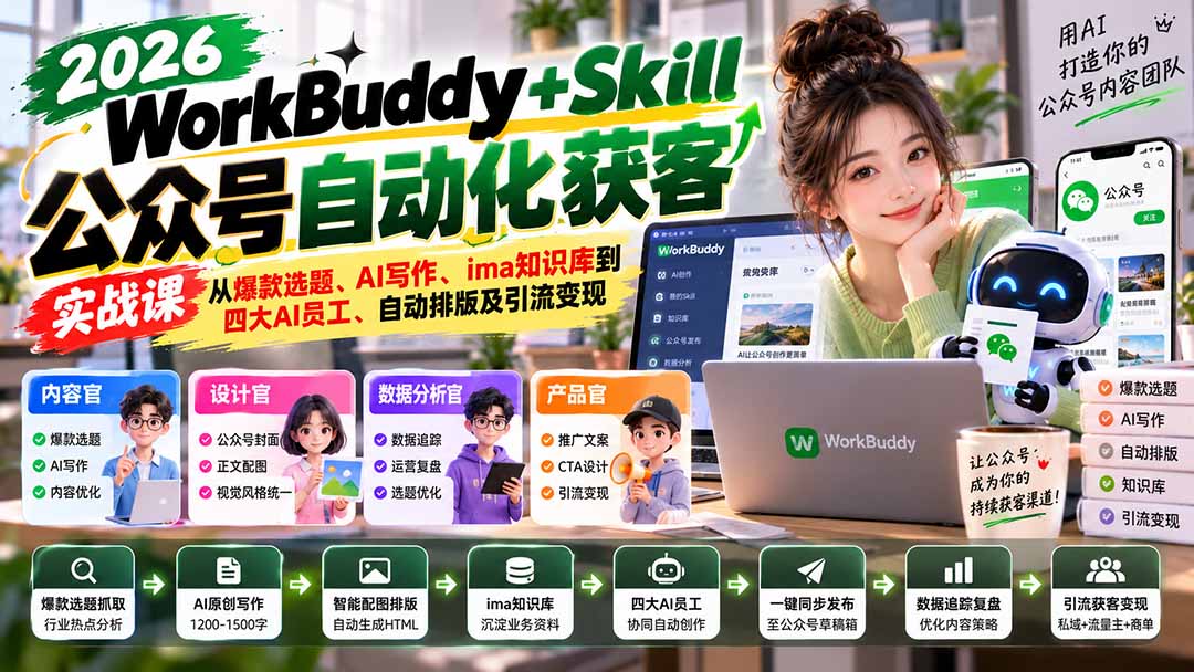 (21023期)WorkBuddy + Skill公众号自动化获客实战课:从爆款选题、AI写作、ima知识库到四大AI员工、自动排版及引流变现-网创项目资源站-副业项目_创业项目_搞钱项目_网创项目资源平台