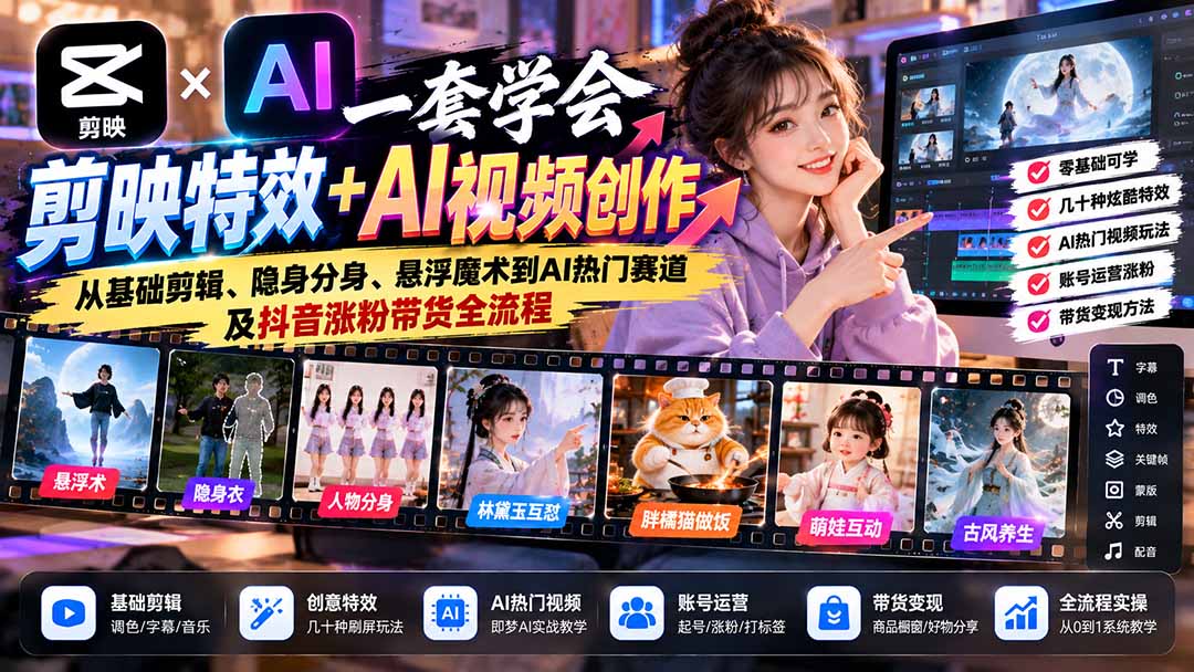 (20999期)一套学会剪映特效+AI视频创作:从基础剪辑、隐身分身、悬浮魔术到AI热门赛道及抖音涨粉带货全流程-网创项目资源站-副业项目_创业项目_搞钱项目_网创项目资源平台