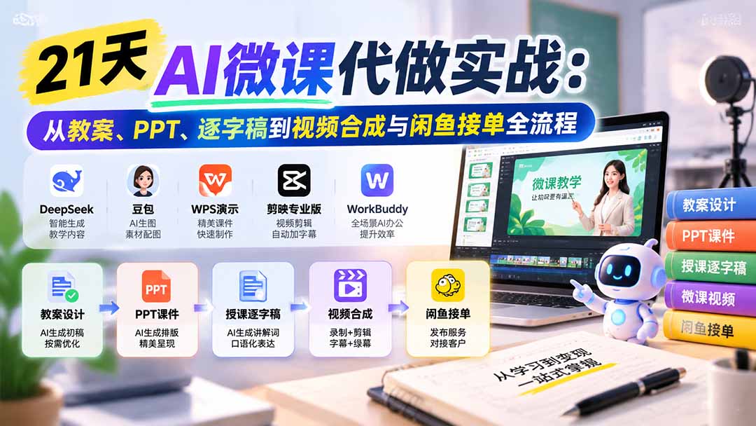 （21065期）21天AI微课代做实战：从教案、PPT、逐字稿到视频合成与闲鱼接单全流程-网创项目资源站-副业项目_创业项目_搞钱项目_网创项目资源平台