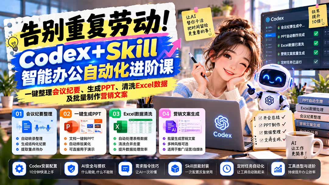 (21001期)告别重复劳动!Codex+Skill智能办公自动化进阶课:一键整理会议纪要、生成PPT、清洗Excel数据及批量制作营销文案-网创项目资源站-副业项目_创业项目_搞钱项目_网创项目资源平台