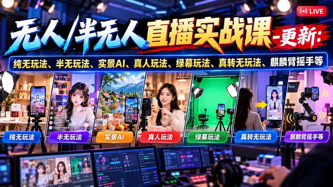 (21072期)无人/半无人直播实战课-10月20更新:纯无玩法、半无玩法、实景AI、真人玩法、绿幕玩法、真转无玩法、麒麟臂摇手等-网创项目资源站-副业项目_创业项目_搞钱项目_网创项目资源平台