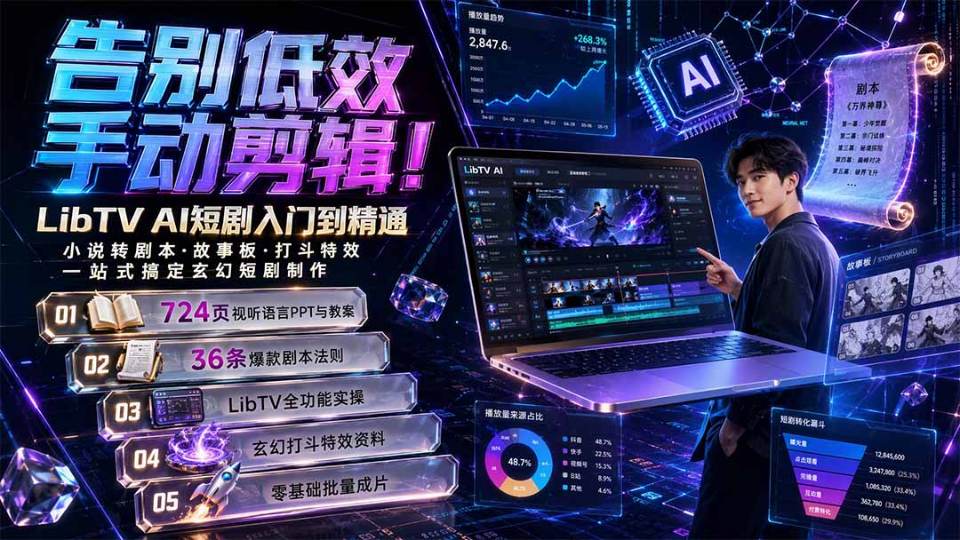 （19678期）告别低效手动剪辑！LibTV AI短剧入门到精通，小说转剧本方法，故事板打斗特效一站式搞定玄幻短剧制作网创吧-网创项目资源站-副业项目-创业项目-搞钱项目网创吧