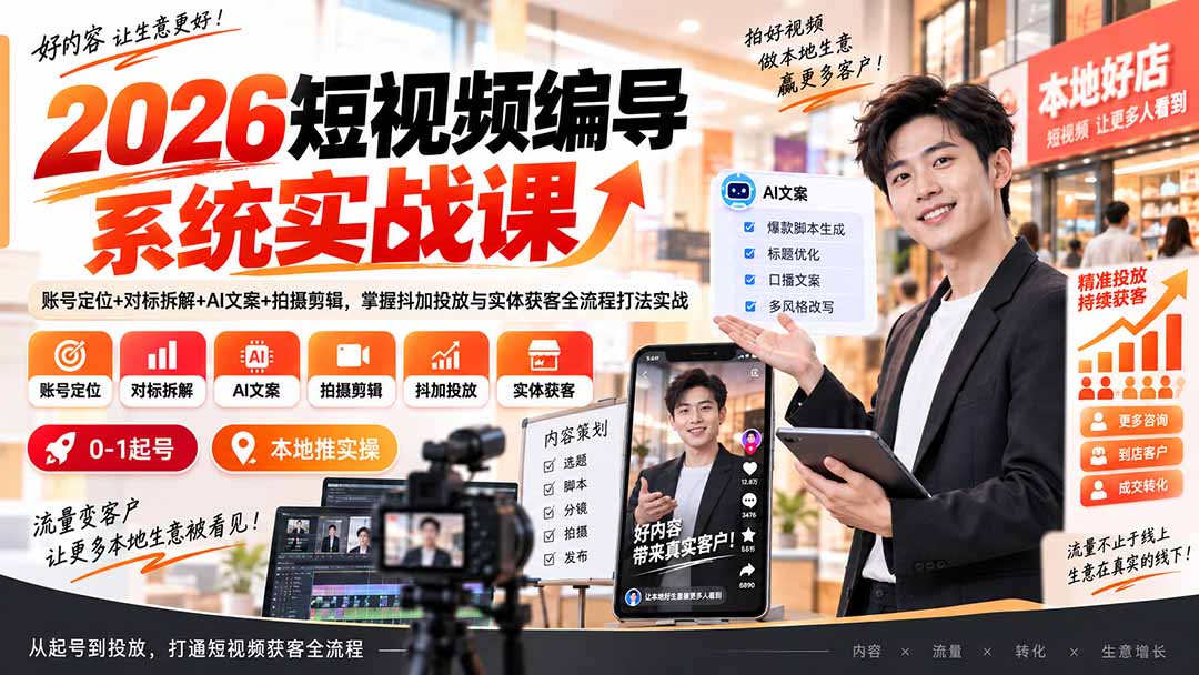 （20305期）2026短视频编导系统实战课：账号定位+对标拆解+AI文案+拍摄剪辑，掌握抖加投放与实体获客全流程打法实战网创吧-网创项目资源站-副业项目-创业项目-搞钱项目网创吧