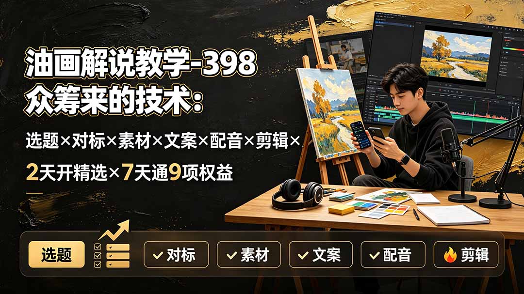 (19587期)油画解说教学-398众筹来的技术-刯新:选题×对标×素材×文案×配音×剪辑×2天开精选×7天通9项权益