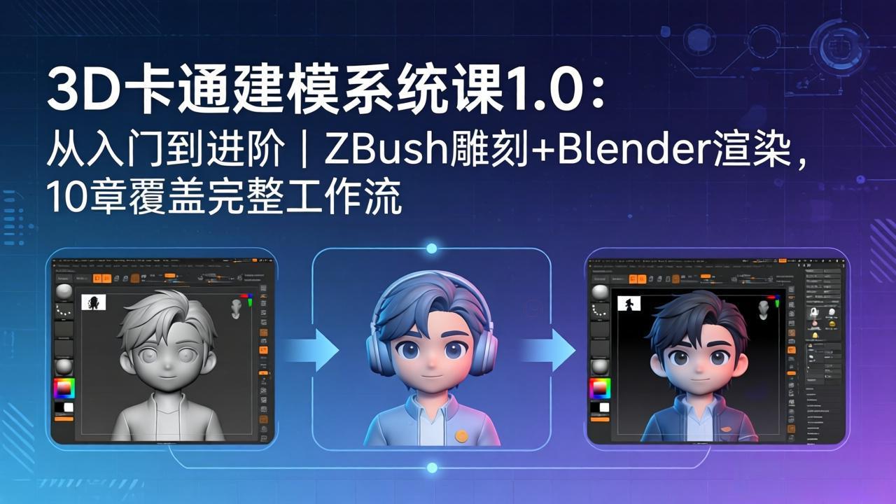 (18035期)3D卡通建模系统课1.0:从入门到进阶|ZBrush雕刻+Blender渲染,10章覆盖完整工作流