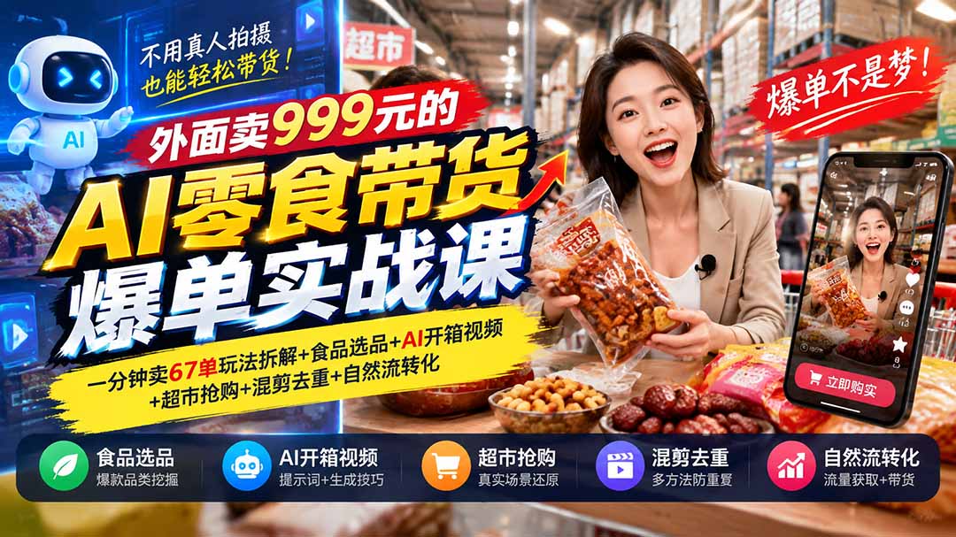 (21038期)外面卖999元的AI零食带货爆单实战课-更新|一分钟卖67单玩法拆解+食品选品+AI开箱视频+超市抢购+混剪去重+自然流转化-网创项目资源站-副业项目_创业项目_搞钱项目_网创项目资源平台