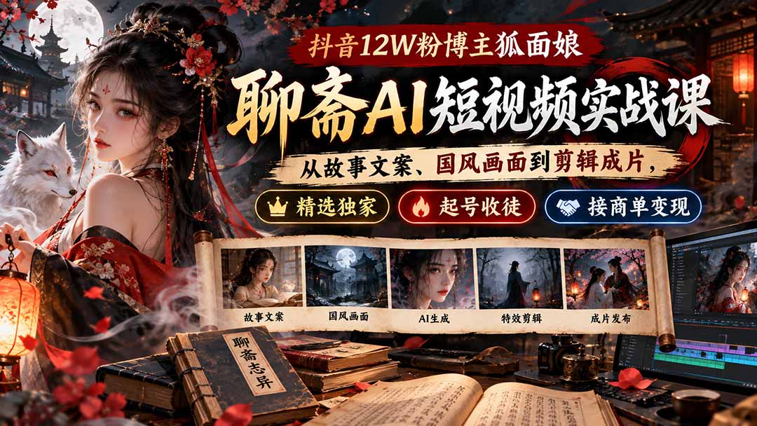 （20639期）抖音12W粉博主狐面娘-聊斋AI短视频实战课：从故事文案、国风画面到剪辑成片，精选独家+起号收徒+接商单变现网创吧-网创项目资源站-副业项目-创业项目-搞钱项目网创吧