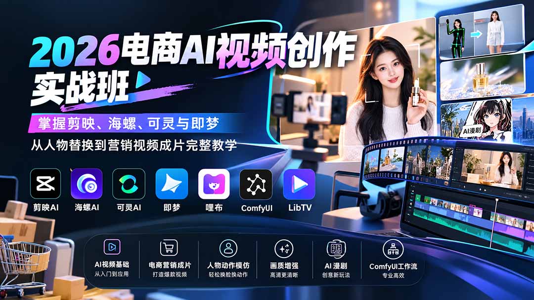 （20466期）2026电商AI视频创作实战班：掌握剪映、海螺、可灵与即梦，从人物替换到营销视频成片完整教学网创吧-网创项目资源站-副业项目-创业项目-搞钱项目网创吧