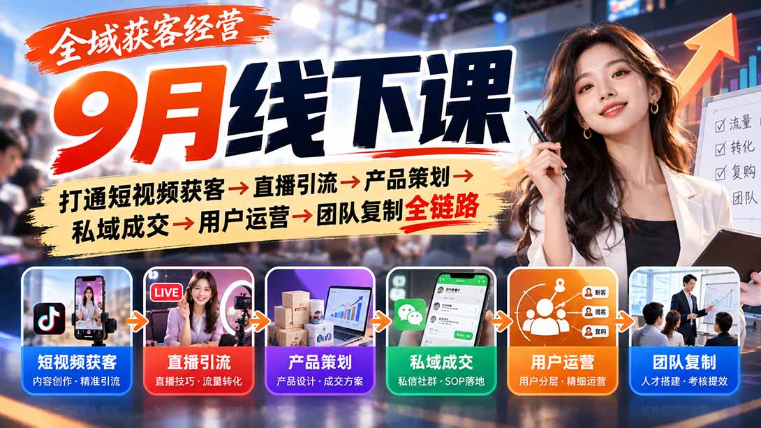 （20777期）全域获客经营9月线下课：打通短视频获客→直播引流→产品策划→私域成交→用户运营→团队复制全链路网创库-网创项目资源站-副业项目-创业项目-搞钱项目网创吧