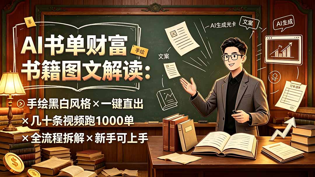 (19515期)AI书单财富书籍图文解读:手绘黑白风格×一键直出×几十条视频跑1000单×全流程拆解×新手可上手