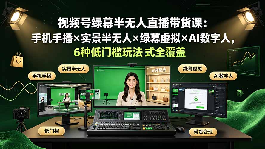 (19271期)视频号绿幕半无人直播带货课:手机手播×实景半无人×绿幕虚拟×AI数字人,6种低门槛玩法全覆盖