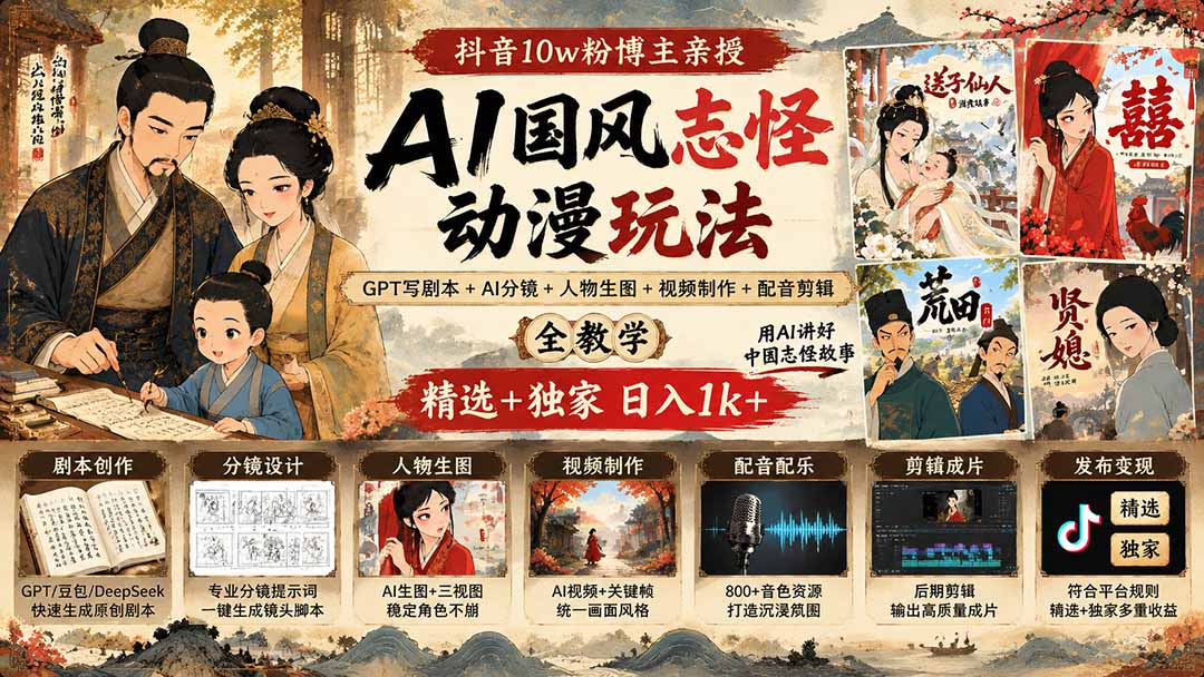 (20538期)抖音10w粉博主亲授AI国风志怪动漫玩法|GPT写剧本+AI分镜+人物生图+视频制作+配音剪辑全教学|精选+独家日入1k+网创吧-网创项目资源站-副业项目-创业项目-搞钱项目网创吧