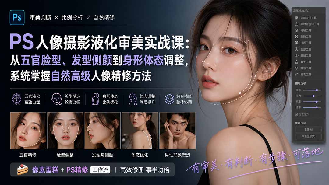 (20062期)PS人像摄影液化审美实战课:从五官脸型、发型侧颜到身形体态调整,系统掌握自然高级人像精修方法网创吧-网创项目资源站-副业项目-创业项目-搞钱项目网创吧