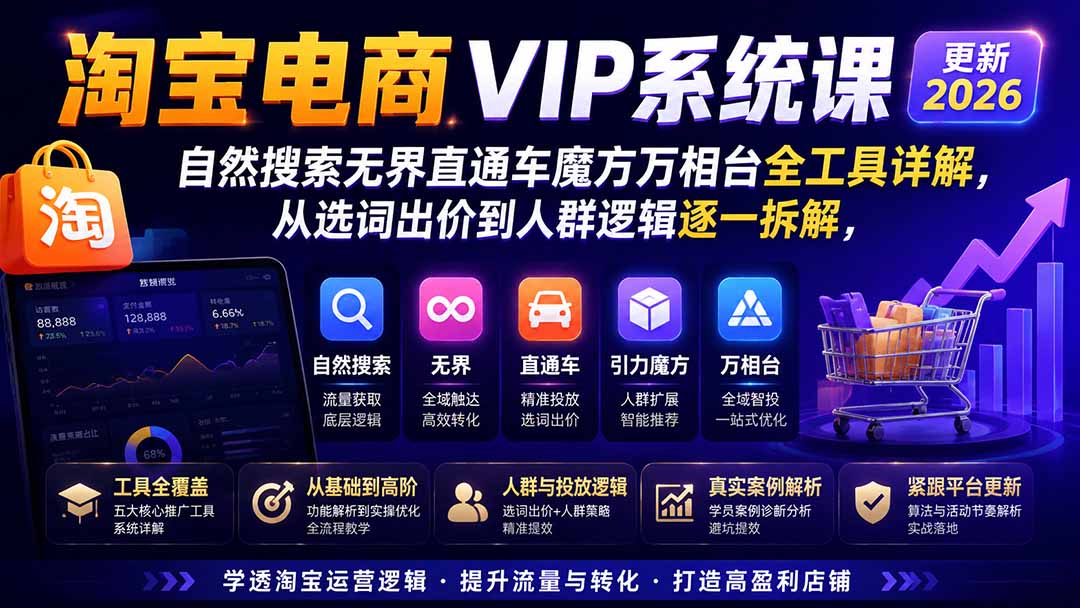 (20555期)2026淘宝电商终局之战VIP课-更新0920:自然搜索+直通车+无界+精准人群,系统掌握测款动销与全店推广布局方法网创吧-网创项目资源站-副业项目-创业项目-搞钱项目网创吧