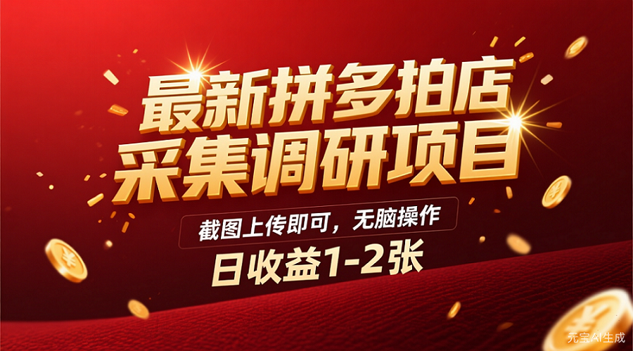 最新拼多多拍店采集调研项目，截图上传即可，无脑操作，日收益1-2张网创库-网创项目资源站-副业项目-创业项目-搞钱项目网创吧