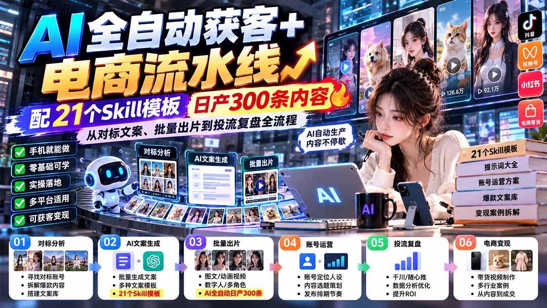 （20664期）AI全自动获客+电商流水线：配21个Skill模板，日产300条内容，从对标文案、批量出片到投流复盘全流程网创吧-网创项目资源站-副业项目-创业项目-搞钱项目网创吧