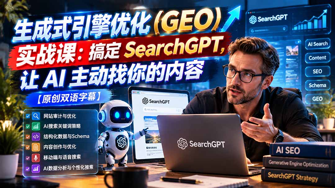 (21116期)生成式引擎优化(GEO)实战课:搞定 SearchGPT,让 AI 主动找你的内容【原创双语字幕】