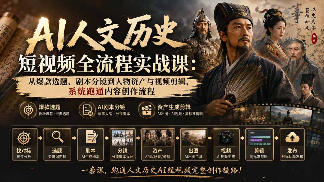 （20476期）AI人文历史短视频全流程实战课-更新：从爆款选题、剧本分镜到人物资产与视频剪辑，系统跑通内容创作流程网创吧-网创项目资源站-副业项目-创业项目-搞钱项目网创吧