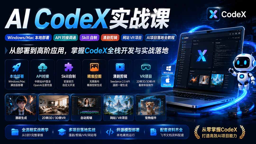（19769期）AI CodeX实战课｜Windows/Mac 本地部署｜API 对接调通｜Skill 自制｜漫剧剪辑｜网站 VR 项目｜AI项目落地全教程网创吧-网创项目资源站-副业项目-创业项目-搞钱项目网创吧