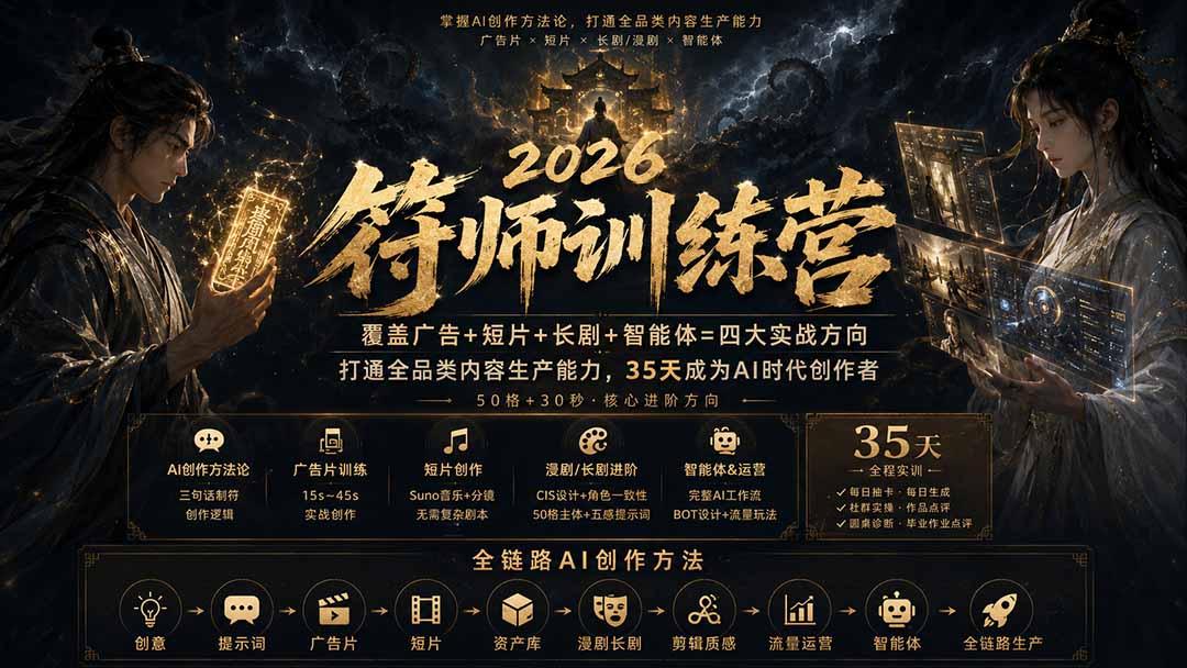 (20186期)符师训练营-35天成为AI时代创作者,广告+短片+长剧+智能体四大实战方向,掌握从创意到上线的完整工作流