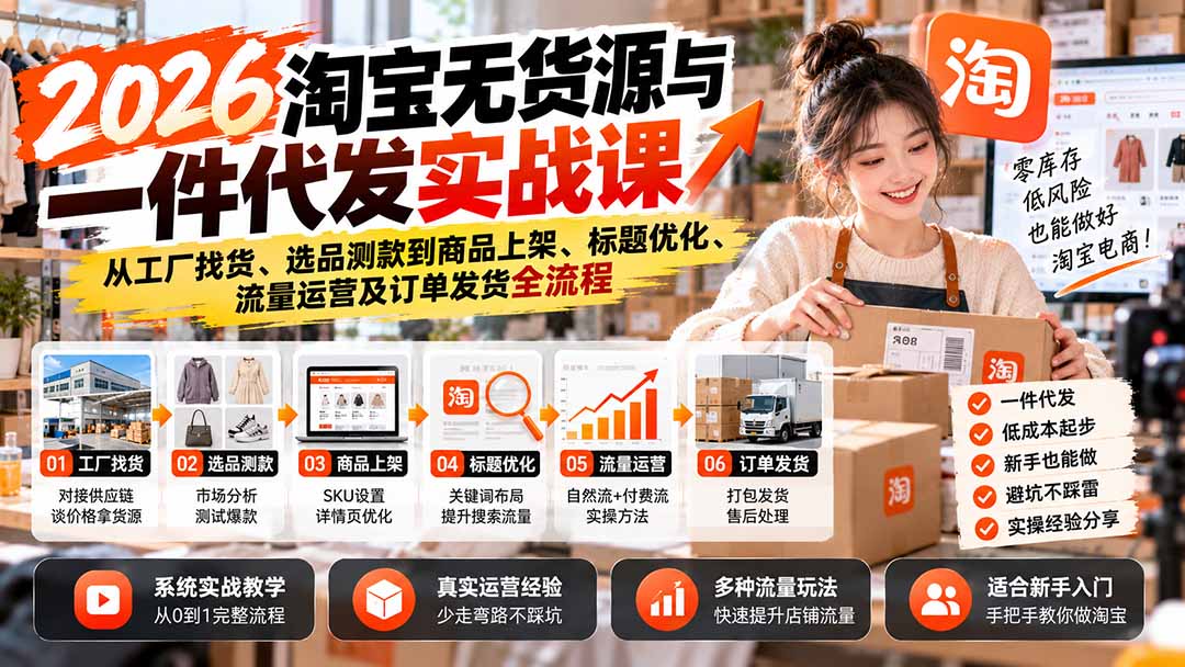 (20903期)2026淘宝无货源与一件代发实战课:从工厂找货、选品测款到商品上架、标题优化、流量运营及订单发货全流程-网创项目资源站-副业项目_创业项目_搞钱项目_网创项目资源平台