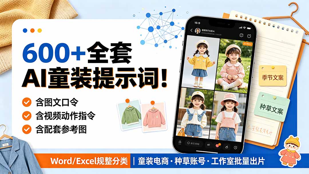 (19302期)600+全套AI童装提示词!含图文口令+视频动作指令+配套参考图,Word/Excel规整分类,童装电商、种草无脑量产内容