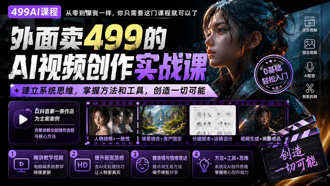 (20207期)外面卖499的AI视频创作实战课:建立系统思维,掌握方法和工具,创造一切可能。