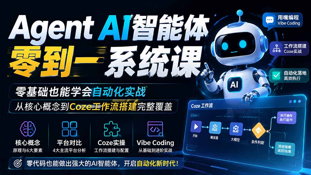 （19753期）Agent AI智能体零到一系统课；零基础也能学会自动化实战，从核心概念到Coze工作流搭建完整覆盖网创吧-网创项目资源站-副业项目-创业项目-搞钱项目网创吧