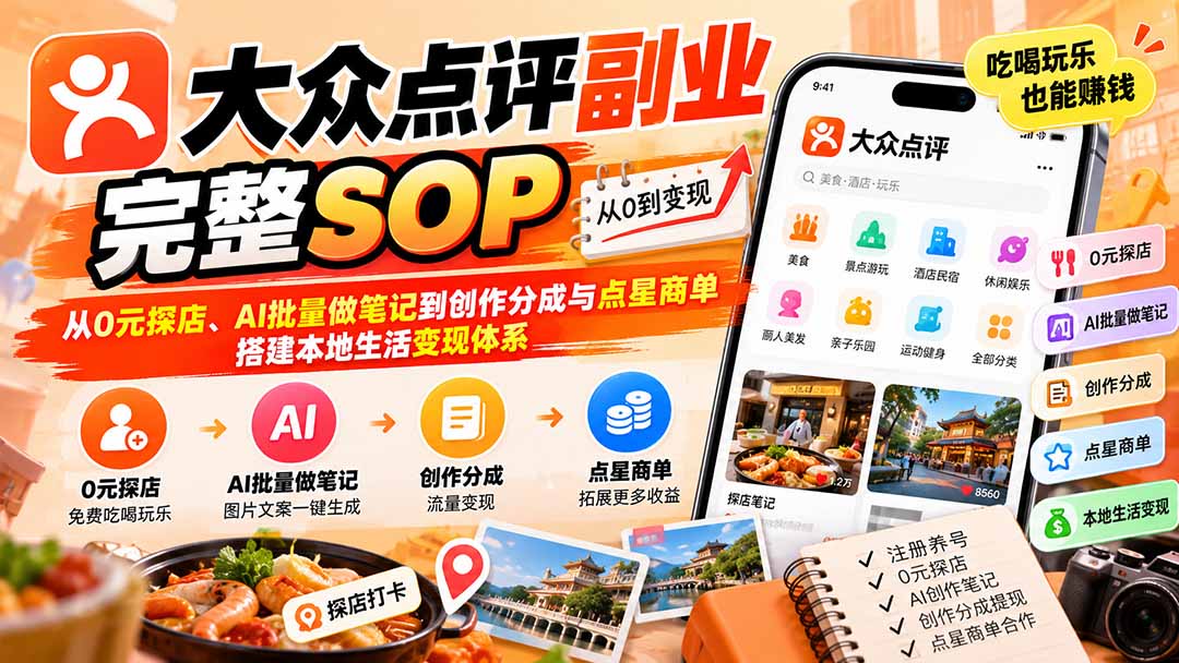 （20638期）【无水印】大众点评副业完整SOP：从0元探店、AI批量做笔记到创作分成与点星商单，搭建本地生活变现体系网创吧-网创项目资源站-副业项目-创业项目-搞钱项目网创吧