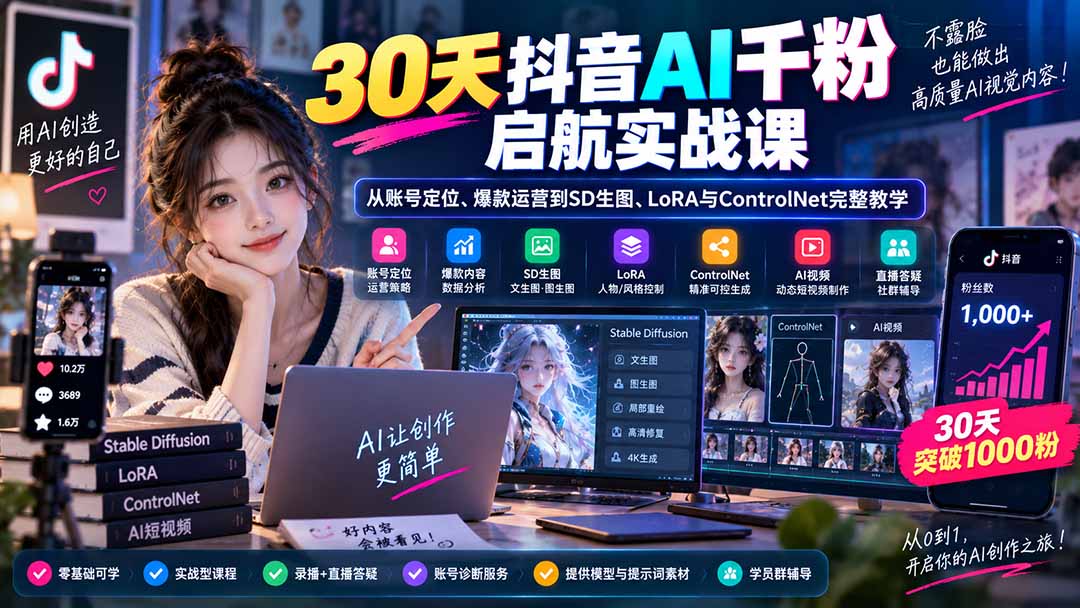 （20291期）30天抖音AI千粉启航实战课：从账号定位、爆款运营到SD生图、LoRA与ControlNet完整教学网创吧-网创项目资源站-副业项目-创业项目-搞钱项目网创吧